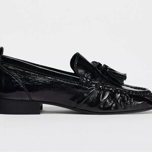 Zara Shiny Black Tassel Leather Loafers
